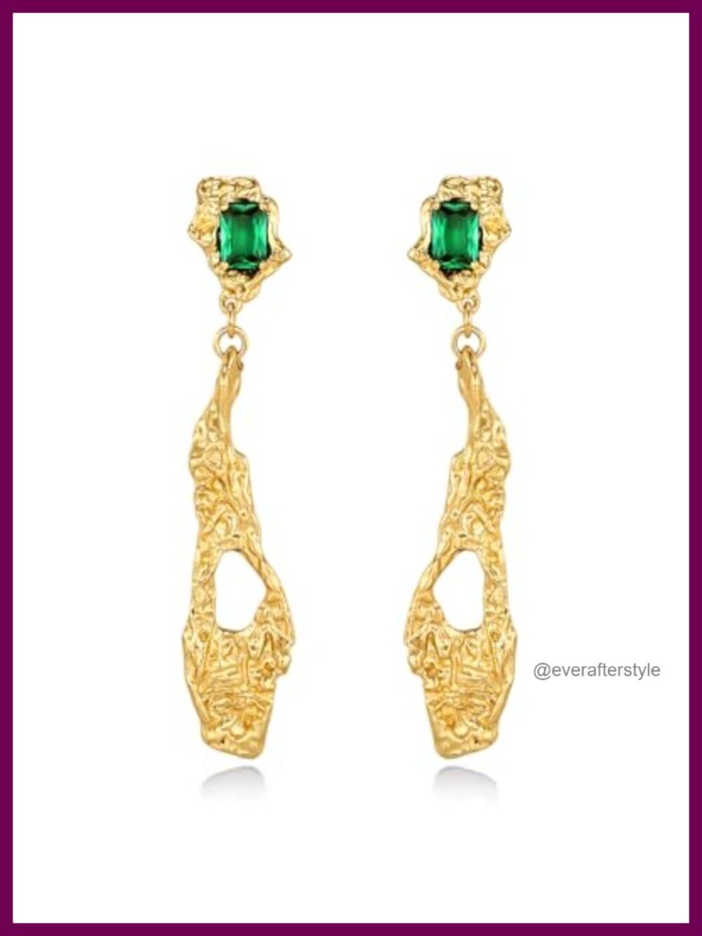 18K Gold Plated Chunky Hammered Dangle Statement Earrings Emerald Gemstone